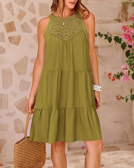 Summer Halterneck A-line Dress With Flower Hollow Lace Design
